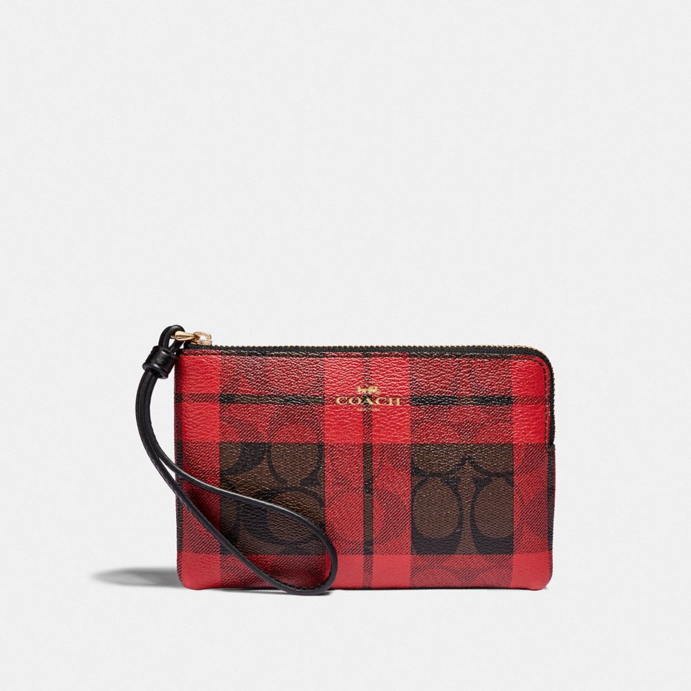 COACH F87783 CORNER ZIP WRISTLET IN SIGNATURE CANVAS WITH FIELD PLAID PRINT IM/BROWN TRUE RED MULTI