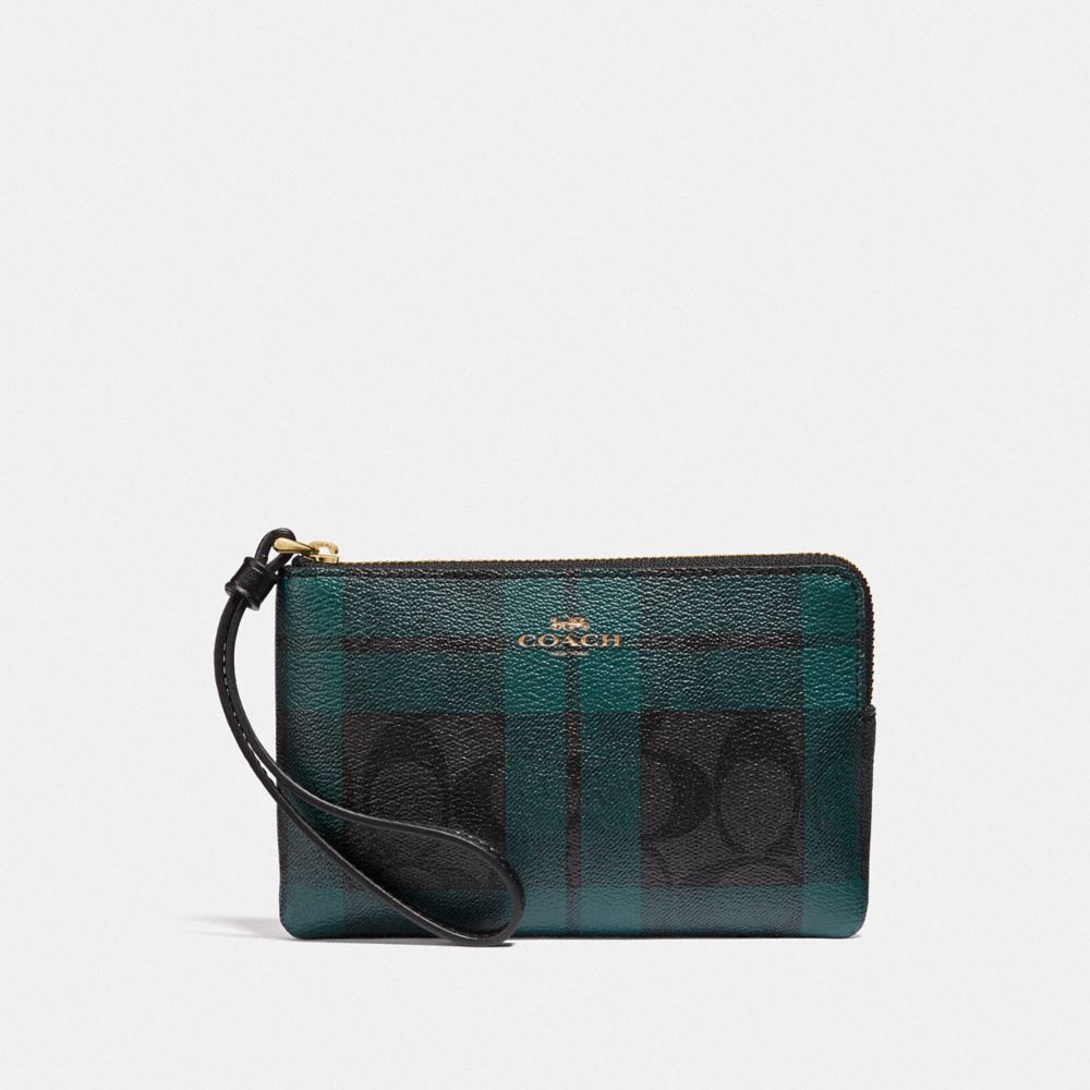 COACH F87783 Corner Zip Wristlet In Signature Canvas With Field Plaid Print IM/BLACK/DEEP OCEAN MULTI