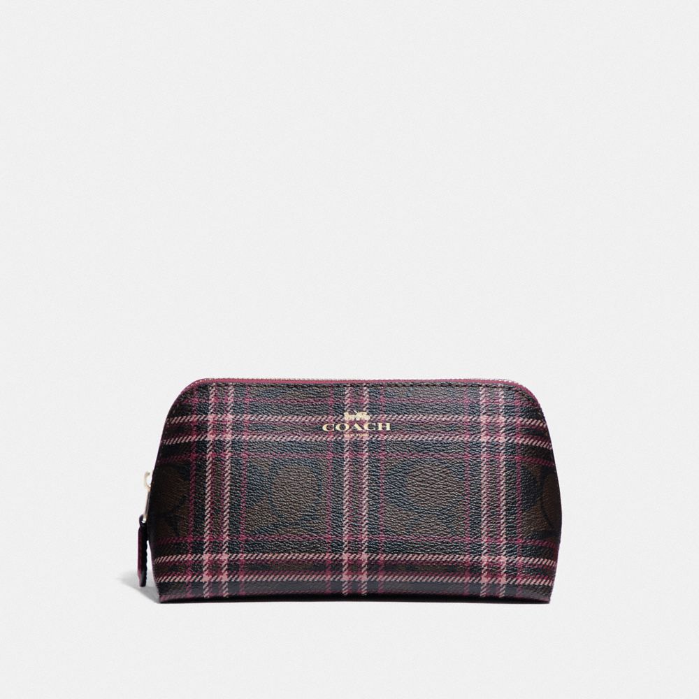 COACH F87790 COSMETIC CASE 17 IN SIGNATURE CANVAS WITH SHIRTING PLAID PRINT IM/BROWN-FUCHSIA-MULTI