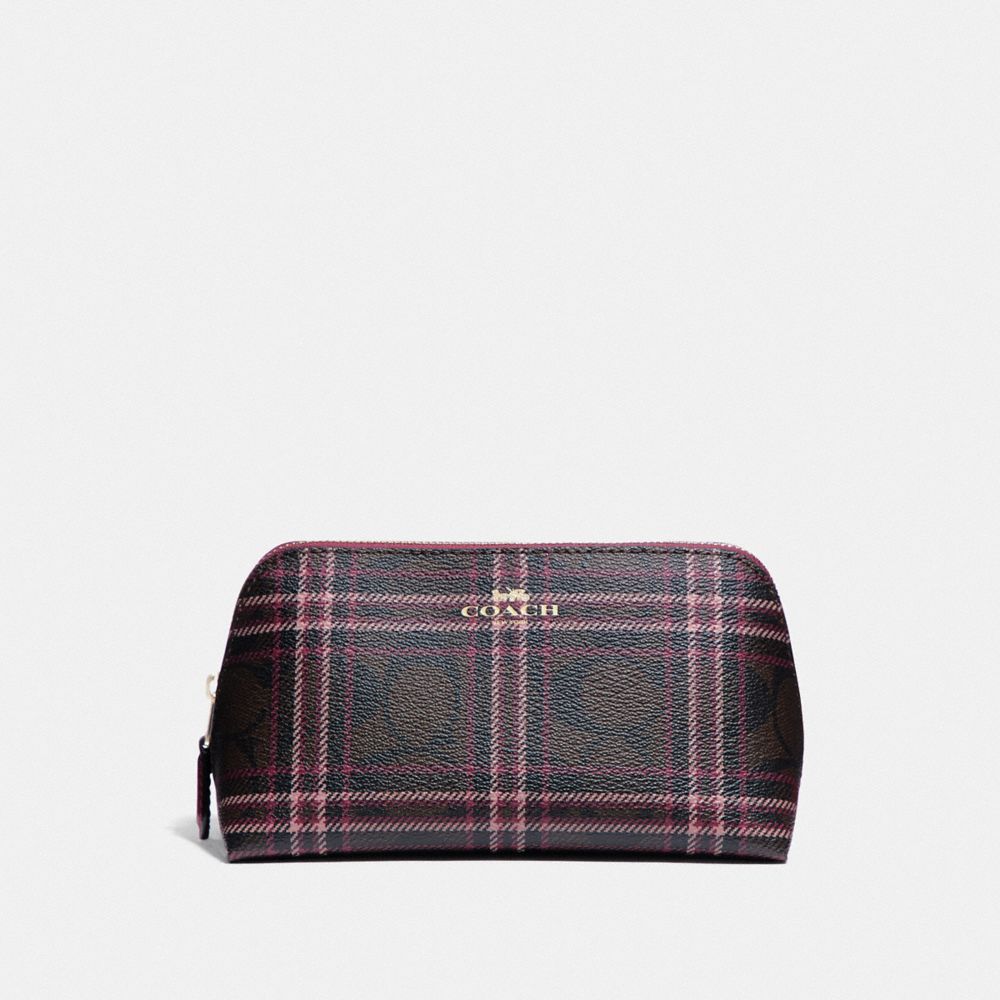 COACH F87790 COSMETIC CASE 17 IN SIGNATURE CANVAS WITH SHIRTING PLAID PRINT IM/BROWN FUCHSIA MULTI