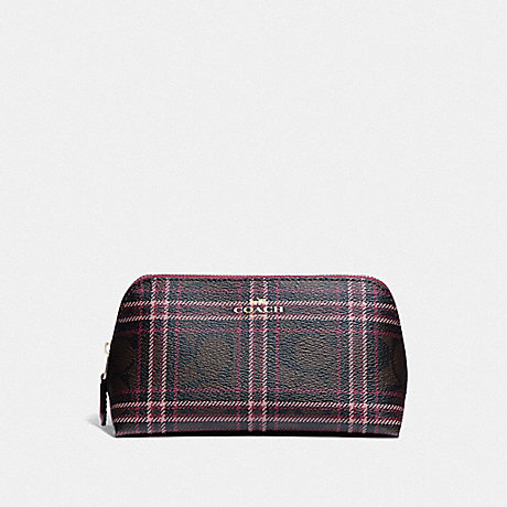 COACH F87790 COSMETIC CASE 17 IN SIGNATURE CANVAS WITH SHIRTING PLAID PRINT IM/BROWN FUCHSIA MULTI