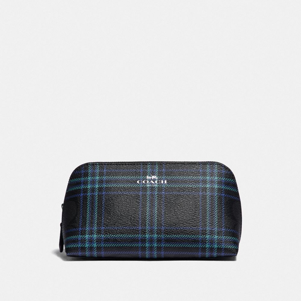 COACH F87790 Cosmetic Case 17 In Signature Canvas With Shirting Plaid Print SV/BLACK NAVY MUTLI