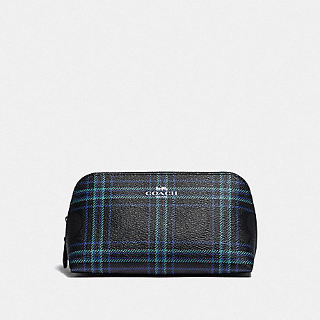 COACH F87790 COSMETIC CASE 17 IN SIGNATURE CANVAS WITH SHIRTING PLAID PRINT SV/BLACK NAVY MUTLI