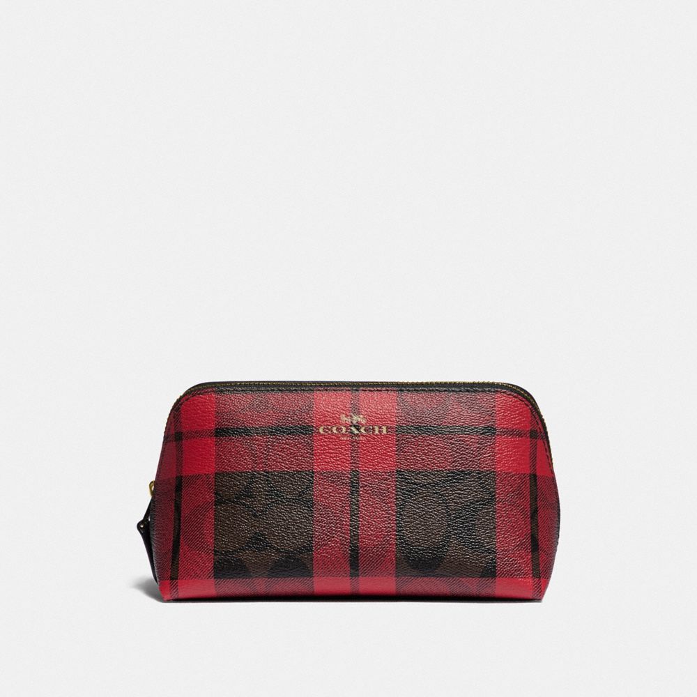 COACH COSMETIC CASE 17 IN SIGNATURE CANVAS WITH FIELD PLAID PRINT - IM/BROWN TRUE RED MULTI - F87791