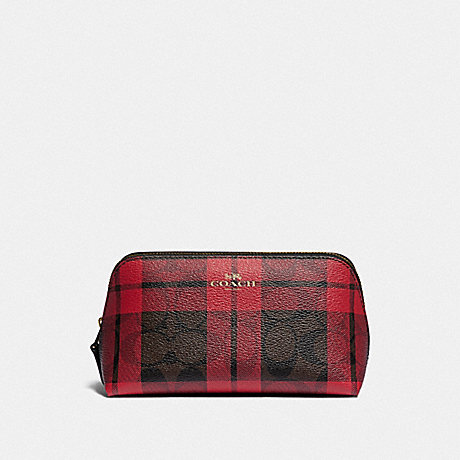 COACH F87791 COSMETIC CASE 17 IN SIGNATURE CANVAS WITH FIELD PLAID PRINT IM/BROWN TRUE RED MULTI