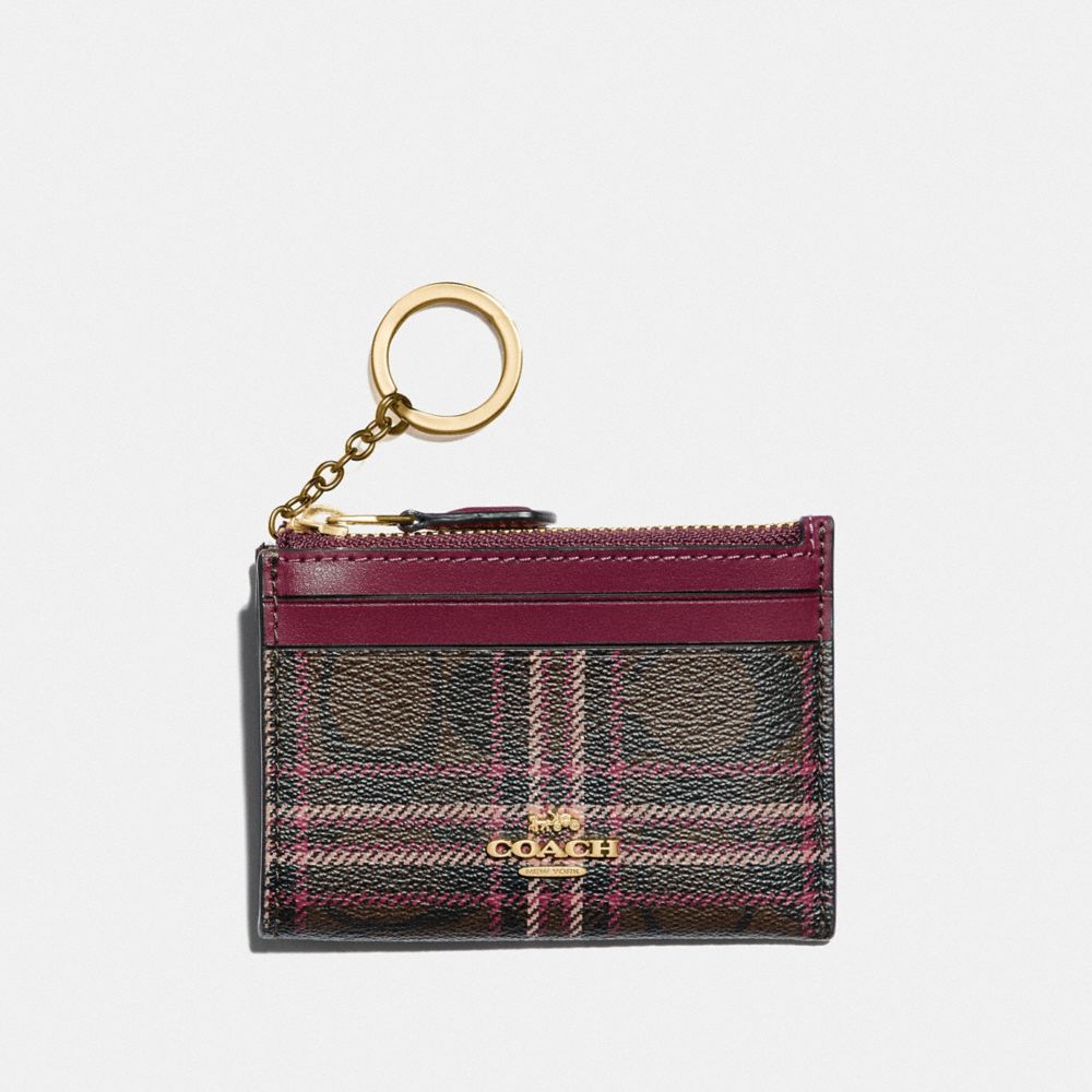 MINI SKINNY ID CASE IN SIGNATURE CANVAS WITH SHIRTING PLAID PRINT - IM/BROWN FUCHSIA MULTI - COACH F87798