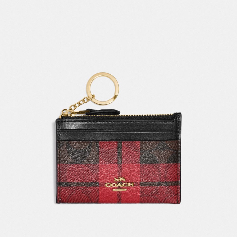 COACH F87799 - MINI SKINNY ID CASE IN SIGNATURE CANVAS WITH FIELD PLAID PRINT IM/BROWN TRUE RED MULTI