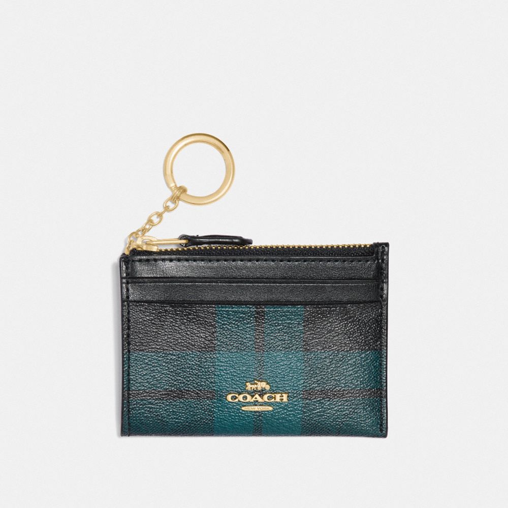 COACH F87799 MINI SKINNY ID CASE IN SIGNATURE CANVAS WITH FIELD PLAID PRINT IM/BLACK/DEEP OCEAN MULTI