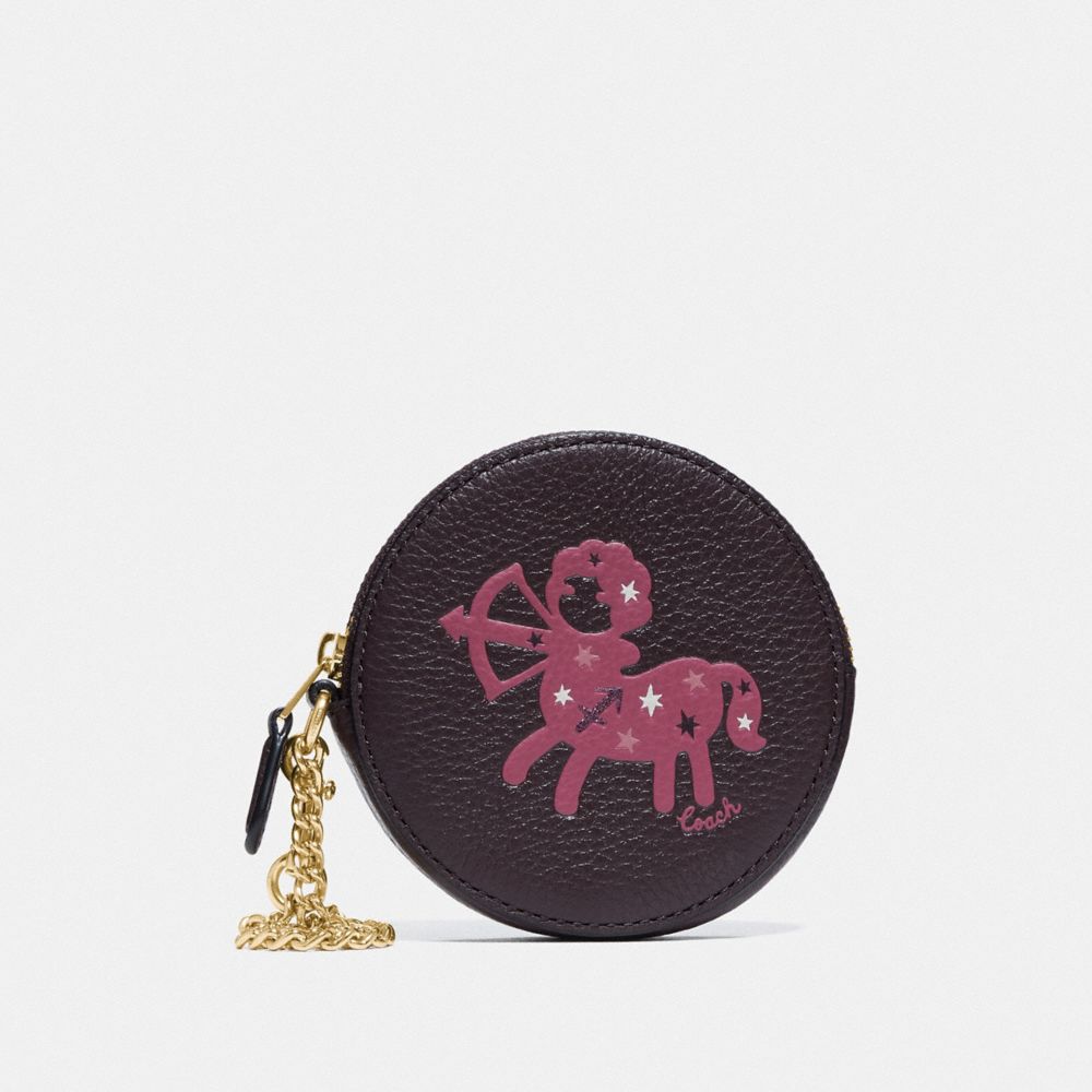 COACH F87813 Round Coin Case With Sagittarius IM/OXBLOOD