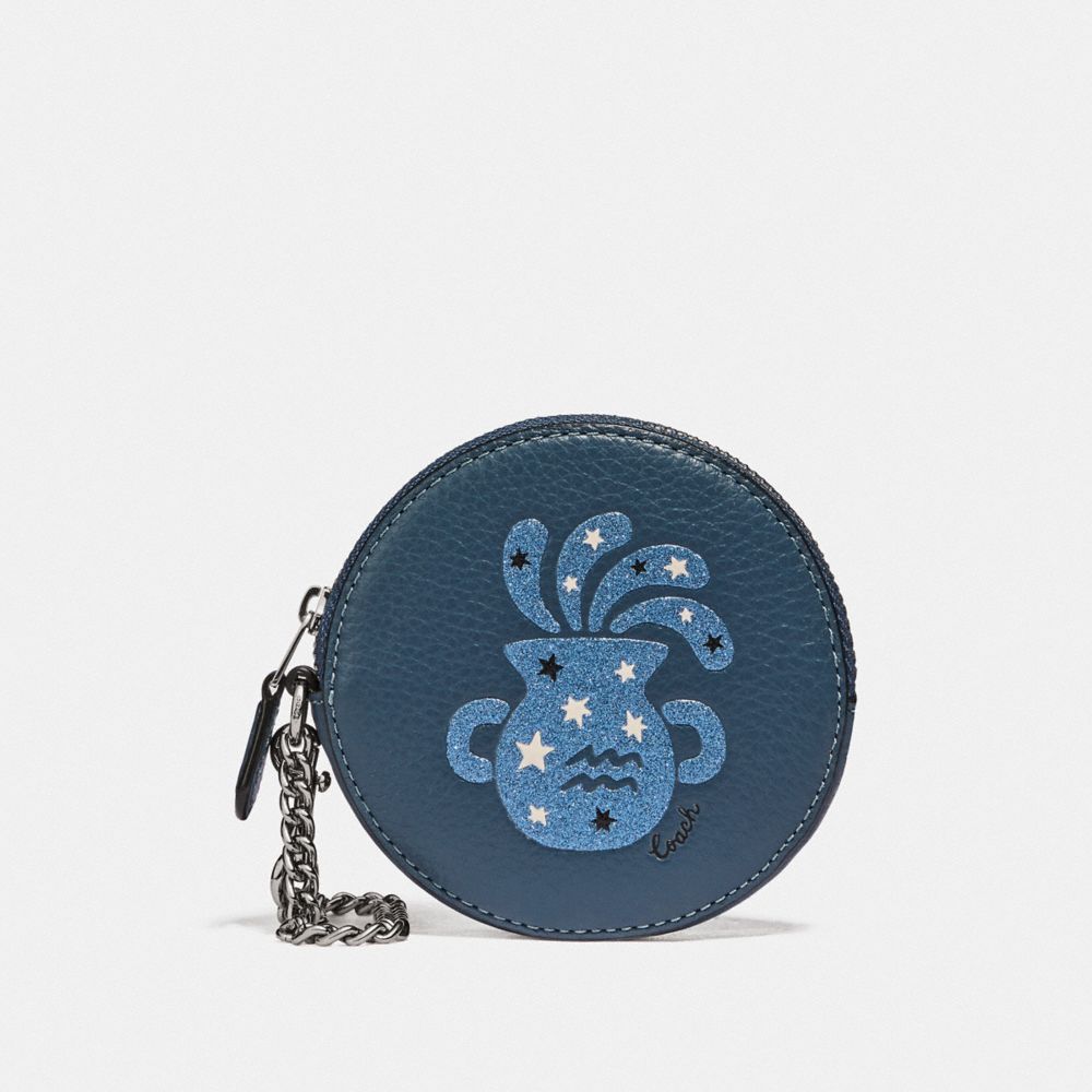 COACH F87815 Round Coin Case With Aquarius SV/DENIM/DARK DENIM