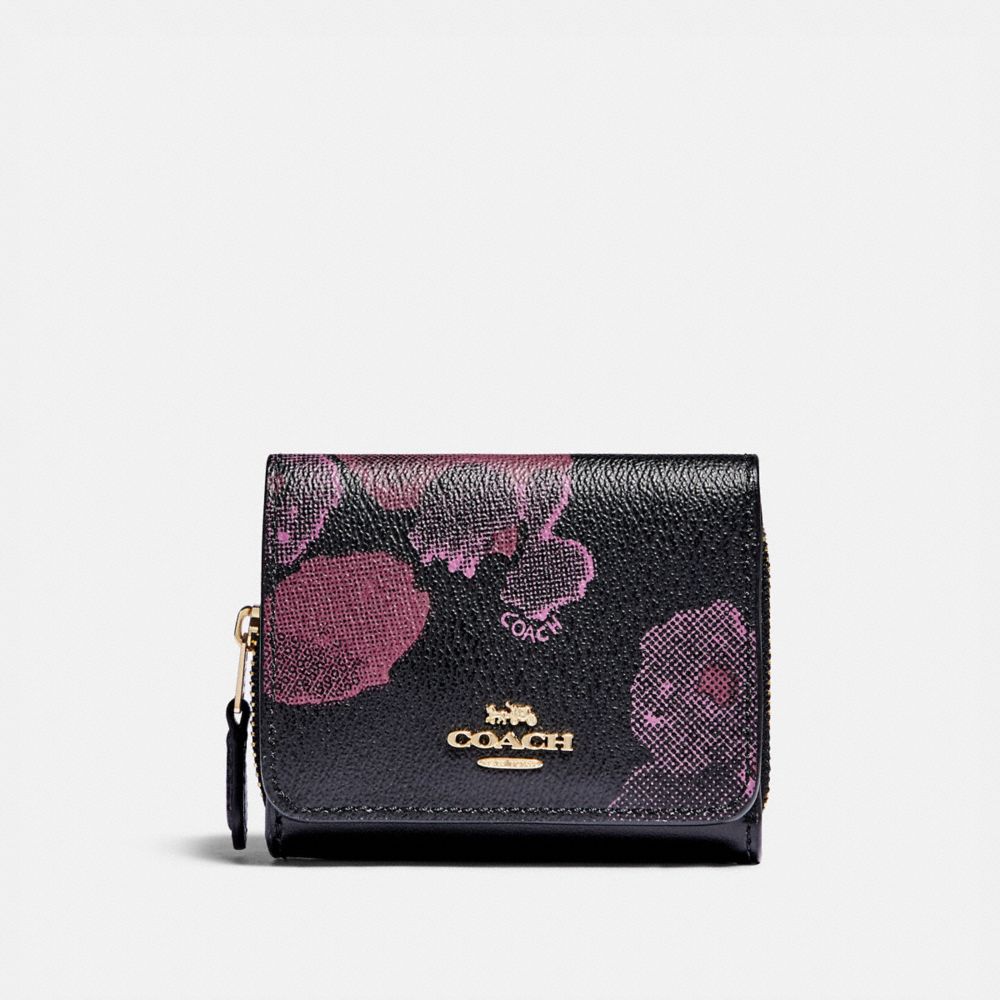 COACH F87828 - SMALL TRIFOLD WALLET WITH HALFTONE FLORAL PRINT IM/BLACK WINE
