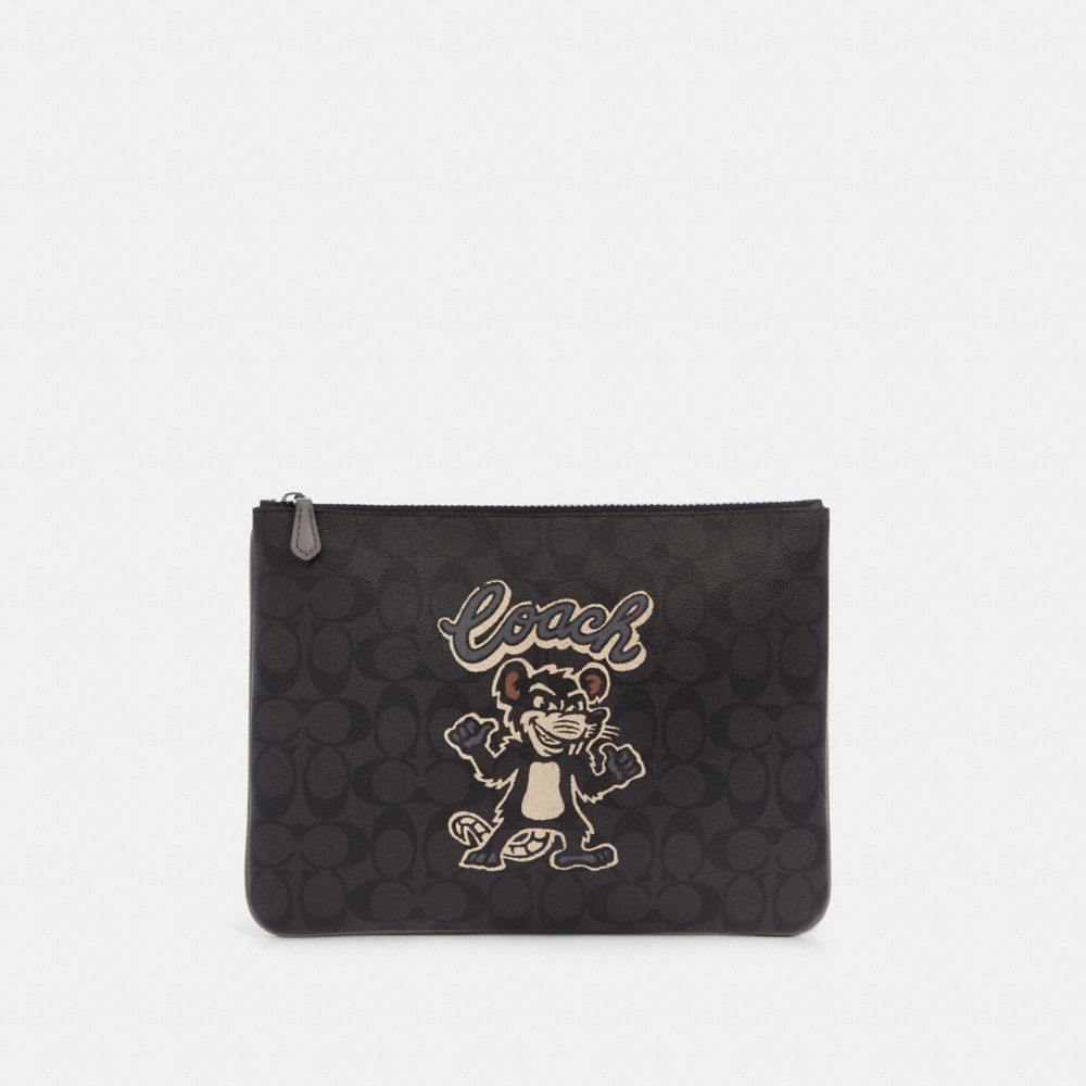 COACH F87840 - LARGE POUCH IN SIGNATURE CANVAS WITH PARTY RAT MOTIF QB/BLACK/BLACK MULTI