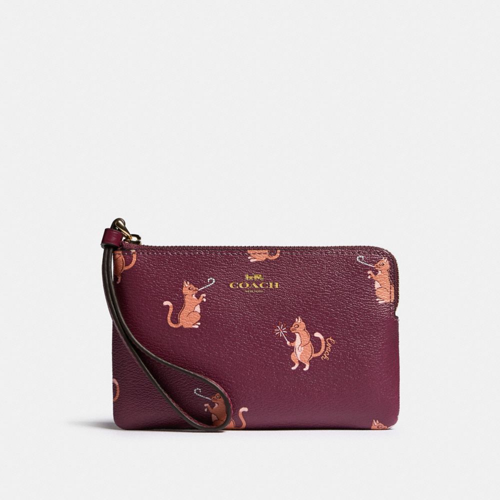 COACH F87874 CORNER ZIP WRISTLET WITH PARTY CAT PRINT IM/DARK BERRY MULTI