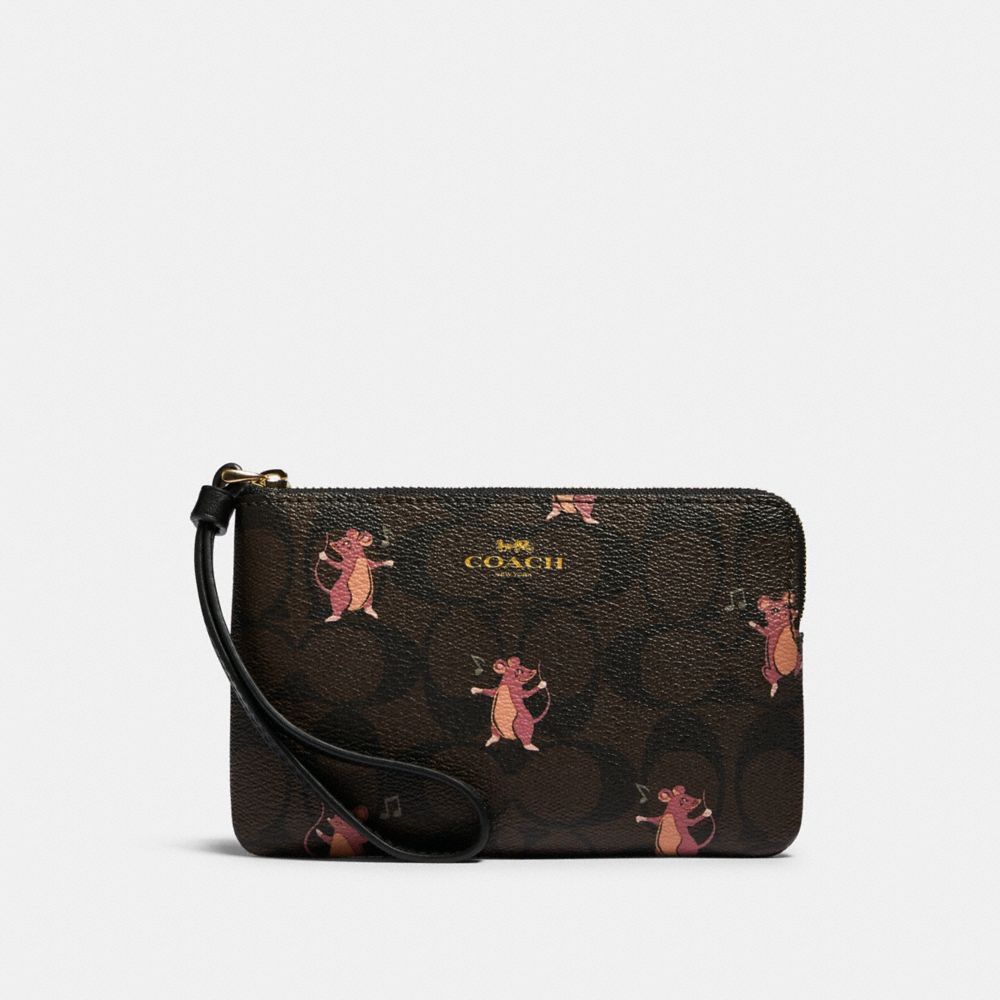 CORNER ZIP WRISTLET IN SIGNATURE CANVAS WITH PARTY MOUSE PRINT - IM/BROWN PINK MULTI - COACH F87876