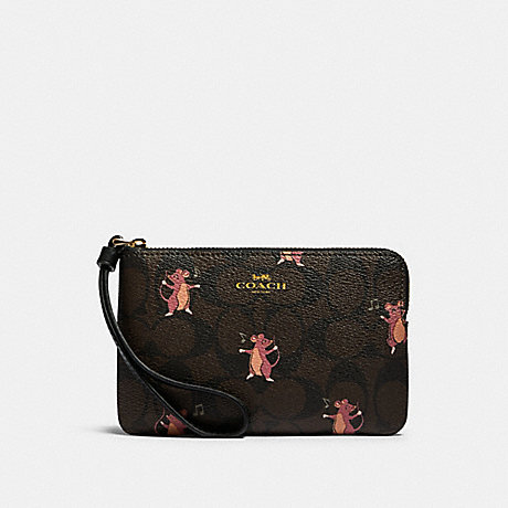 COACH F87876 CORNER ZIP WRISTLET IN SIGNATURE CANVAS WITH PARTY MOUSE PRINT IM/BROWN PINK MULTI