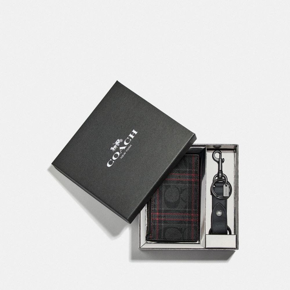 COACH F87884 BOXED ZIP CARD CASE AND VALET KEY FOB GIFT SET IN SIGNATURE CANVAS WITH SHIRTING PLAID PRINT QB/BLACK RED MULTI