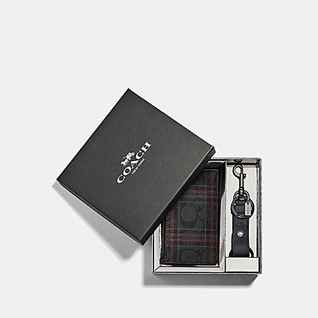 COACH BOXED ZIP CARD CASE AND VALET KEY FOB GIFT SET IN SIGNATURE CANVAS WITH SHIRTING PLAID PRINT - QB/BLACK RED MULTI - F87884