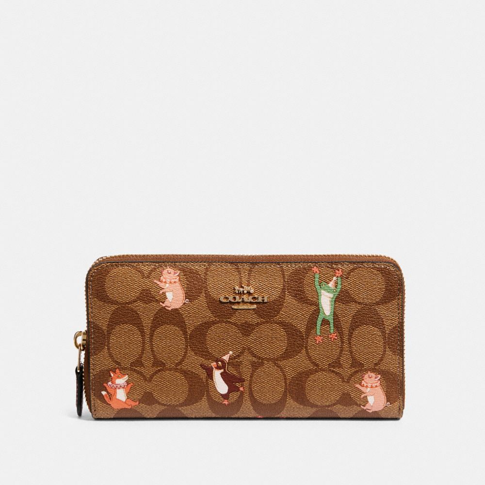 COACH F87885 - ACCORDION ZIP WALLET IN SIGNATURE CANVAS WITH PARTY ANIMALS PRINT IM/KHAKI PINK MULTI