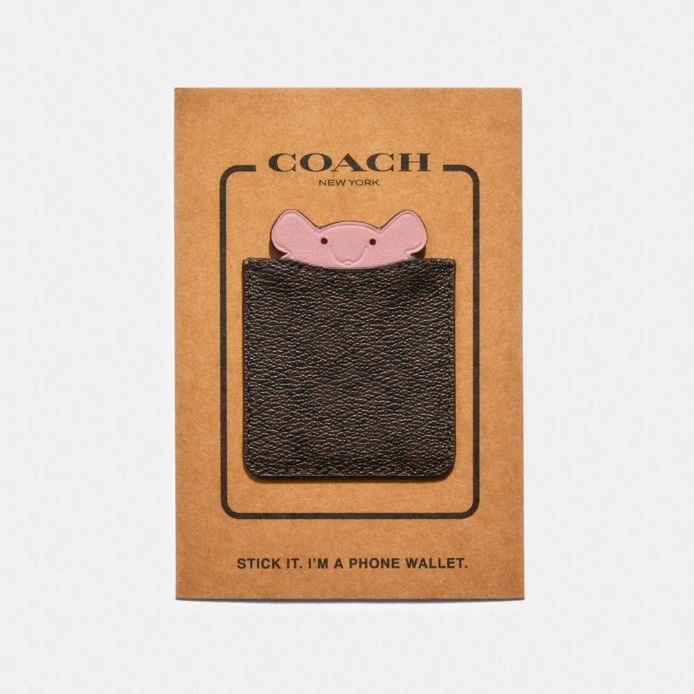 PHONE POCKET STICKER IN SIGNATURE CANVAS WITH PARTY MOUSE - CHESTNUT/PINK - COACH F87906