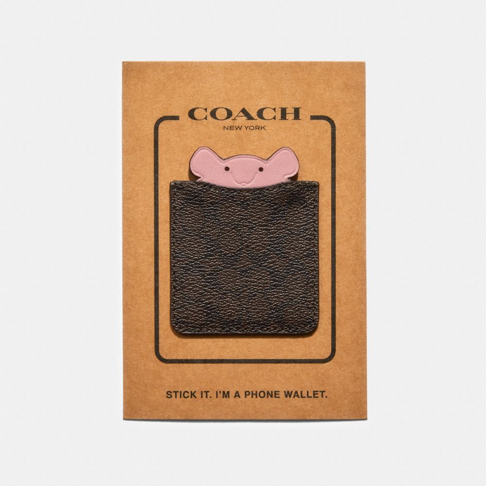 COACH F87906 Phone Pocket Sticker In Signature Canvas With Party Mouse CHESTNUT/PINK