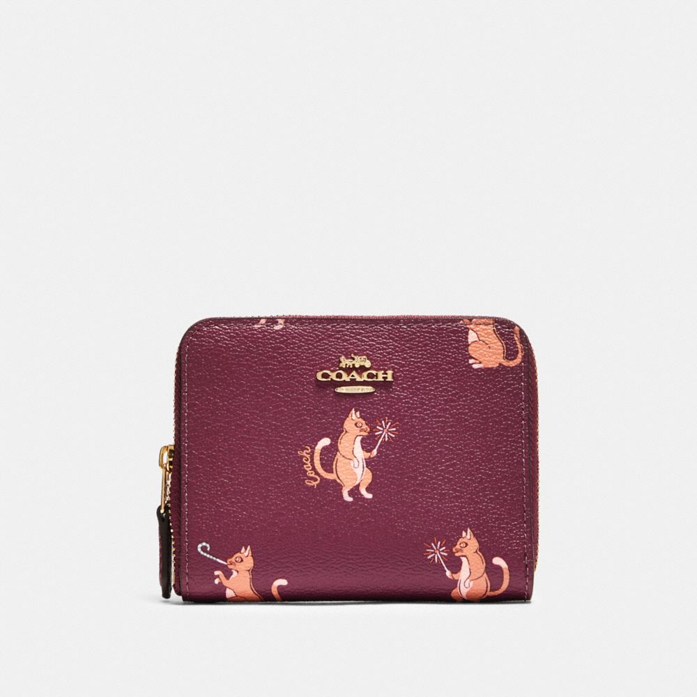 COACH SMALL ZIP AROUND WALLET WITH PARTY CAT PRINT - IM/DARK BERRY MULTI - F87915