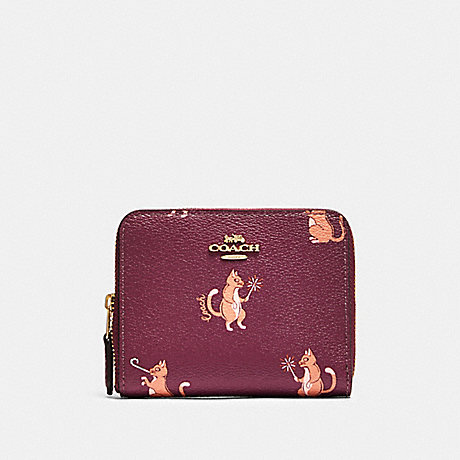 COACH F87915 SMALL ZIP AROUND WALLET WITH PARTY CAT PRINT IM/DARK BERRY MULTI