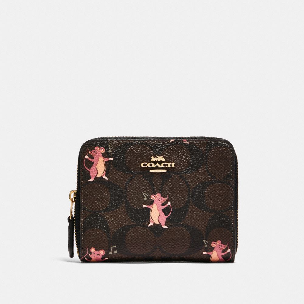 COACH F87917 SMALL ZIP AROUND WALLET IN SIGNATURE CANVAS WITH PARTY MOUSE PRINT IM/BROWN PINK MULTI