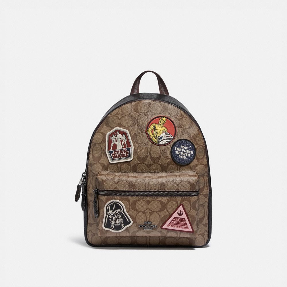 STAR WARS X COACH MEDIUM CHARLIE BACKPACK IN SIGNATURE CANVAS WITH PATCHES - F88016 - QB/KHAKI MULTI