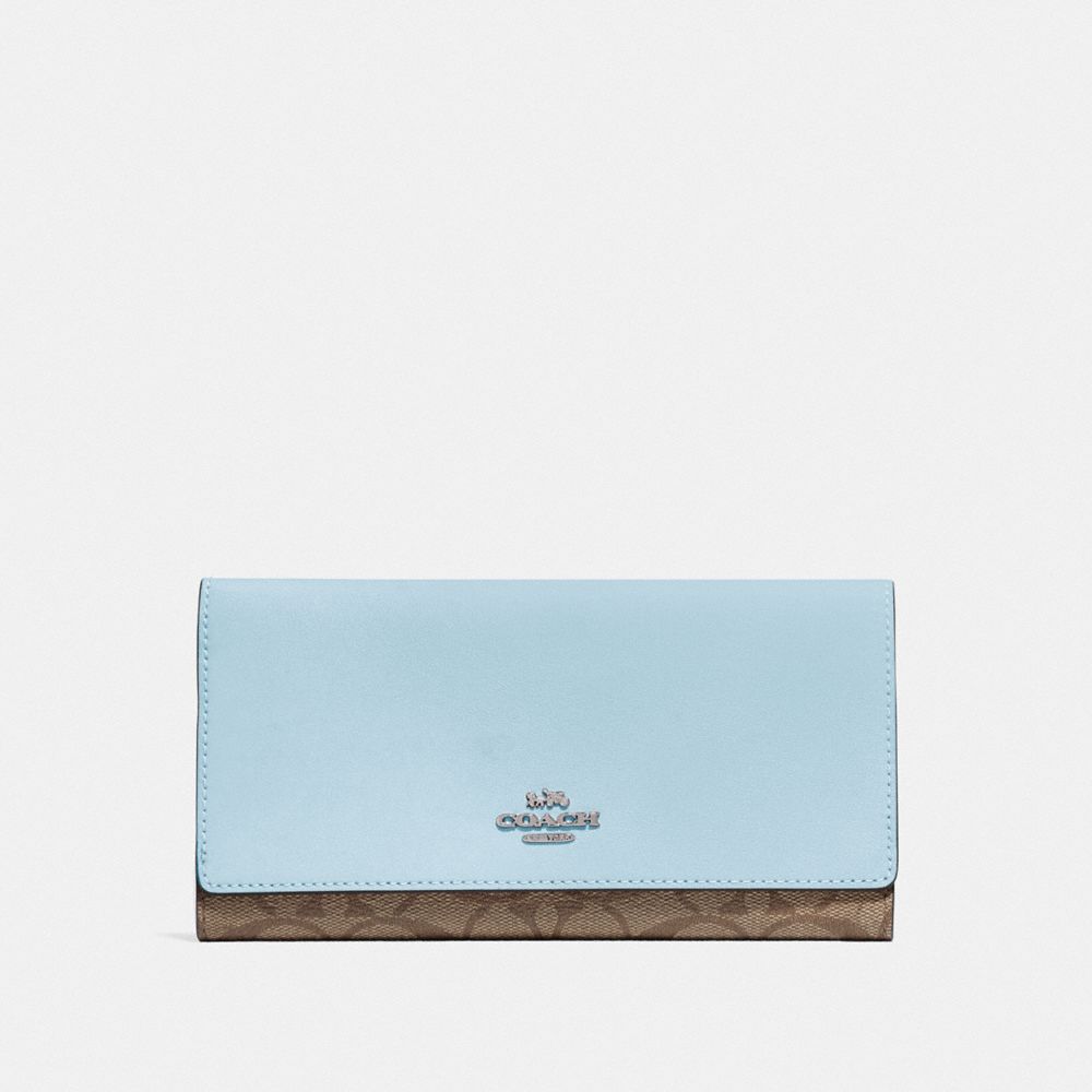 COACH F88024 TRIFOLD WALLET IN SIGNATURE CANVAS SV/KHAKI-PALE-BLUE