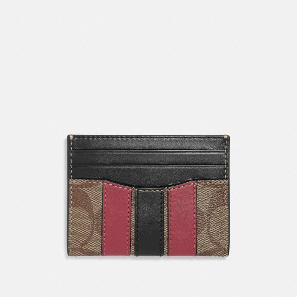 SLIM CARD CASE IN SIGNATURE CANVAS WITH VARSITY STRIPE - F88069 - QB/TAN SOFT RED