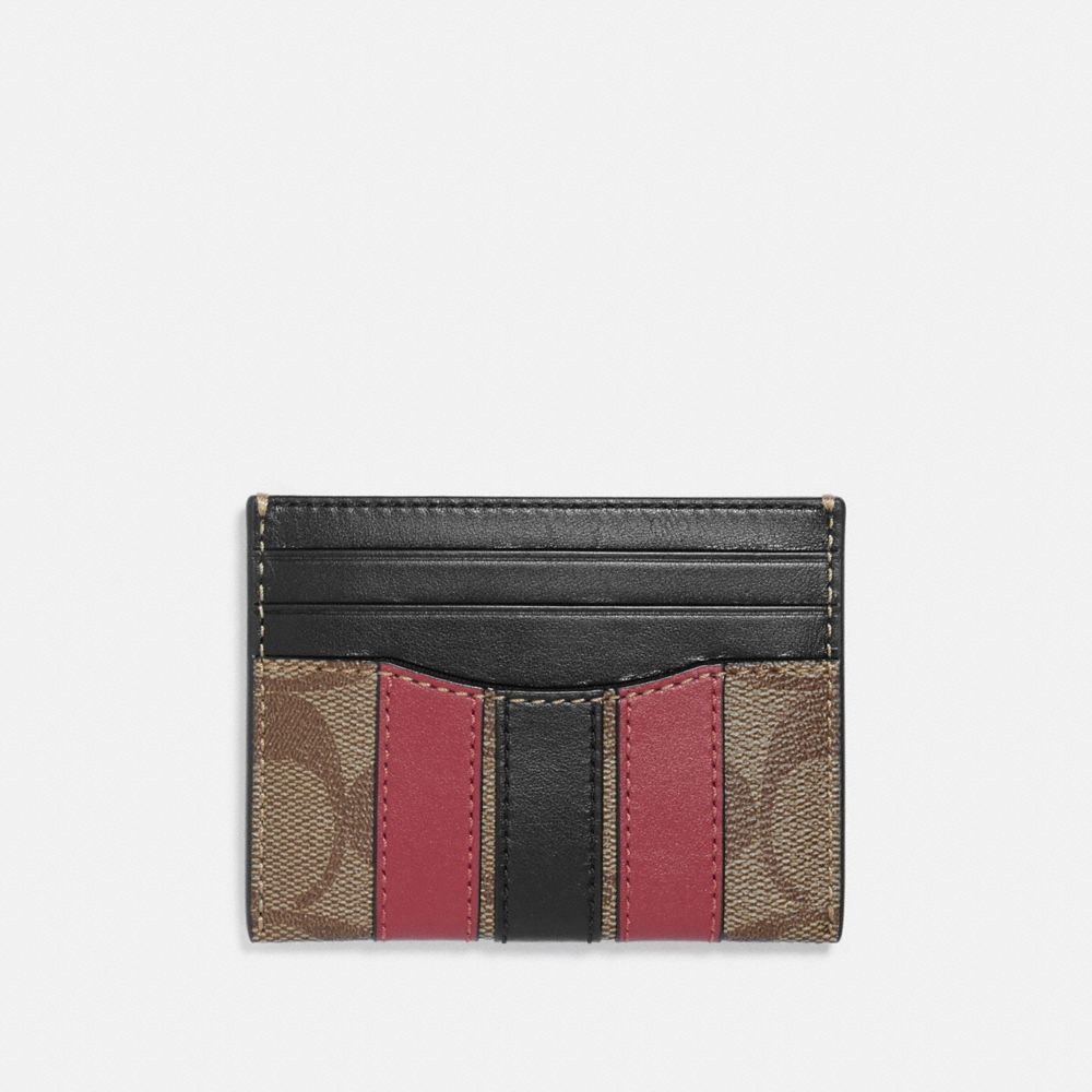 COACH F88069 Slim Card Case In Signature Canvas With Varsity Stripe QB/TAN SOFT RED