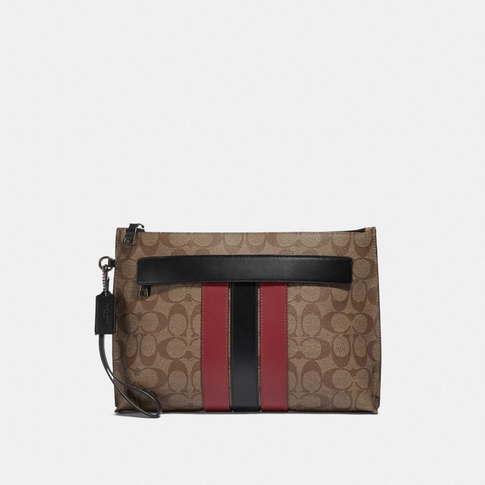 COACH F88070QBPKP - CARRYALL POUCH IN SIGNATURE CANVAS WITH VARSITY STRIPE QB/TAN SOFT RED