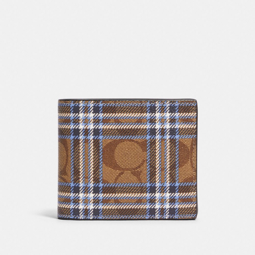 COACH F88071 - 3-IN-1 WALLET IN SIGNATURE CANVAS WITH SHIRTING PLAID PRINT QB/KHAKI BLUE