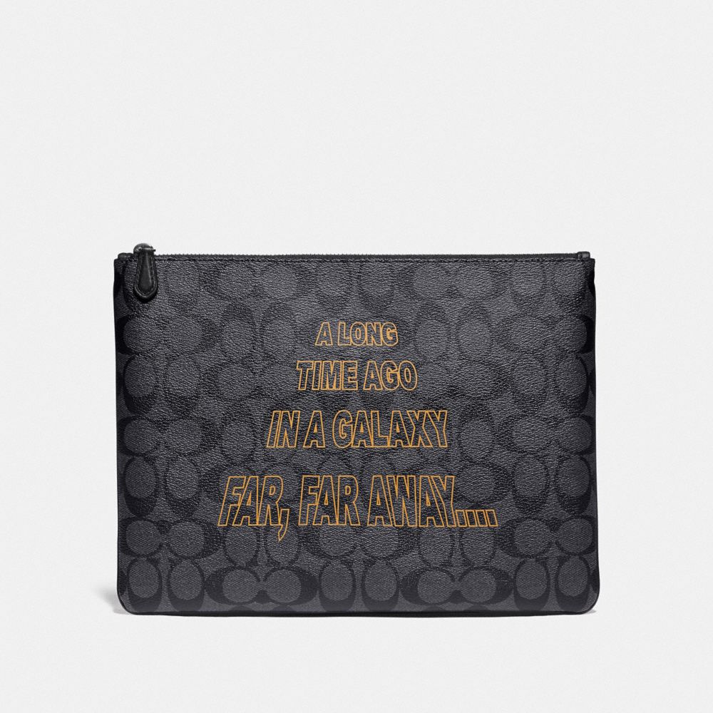 COACH F88119 Star Wars X Coach Large Pouch In Signature Canvas With Scroll Print QB/CHARCOAL