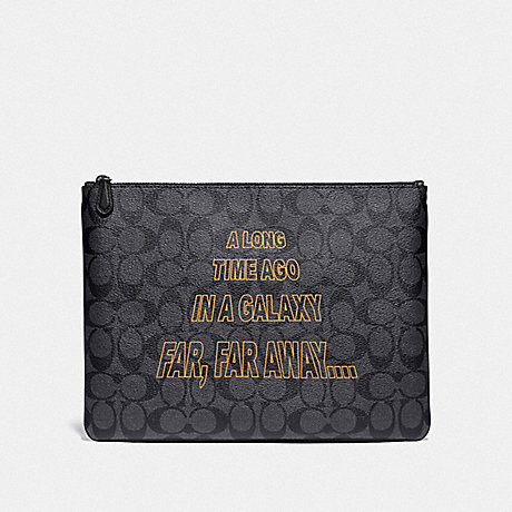 COACH F88119 STAR WARS X COACH LARGE POUCH IN SIGNATURE CANVAS WITH SCROLL PRINT QB/CHARCOAL