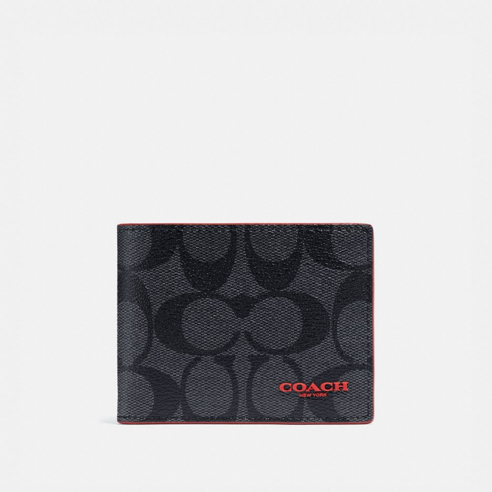 COACH F88123 ID BILLFOLD WALLET IN SIGNATURE CANVAS QB/CHARCOAL-SPORT-RED