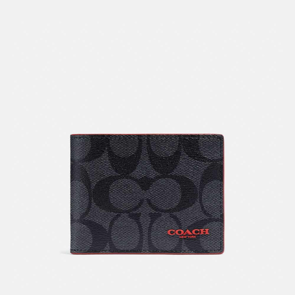 COACH F88123 Id Billfold Wallet In Signature Canvas QB/CHARCOAL SPORT RED