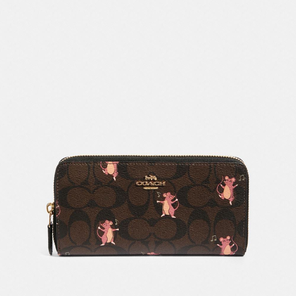 COACH F88259 - ACCORDION ZIP WALLET IN SIGNATURE CANVAS WITH PARTY MOUSE PRINT IM/BROWN PINK MULTI