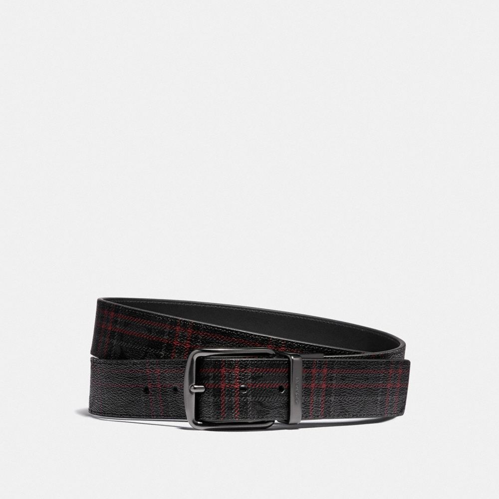 HARNESS BUCKLE CUT-TO-SIZE REVERSIBLE BELT WITH SHIRTING PLAID PRINT, 38MM - QB/BLACK RED MULTI - COACH F88442