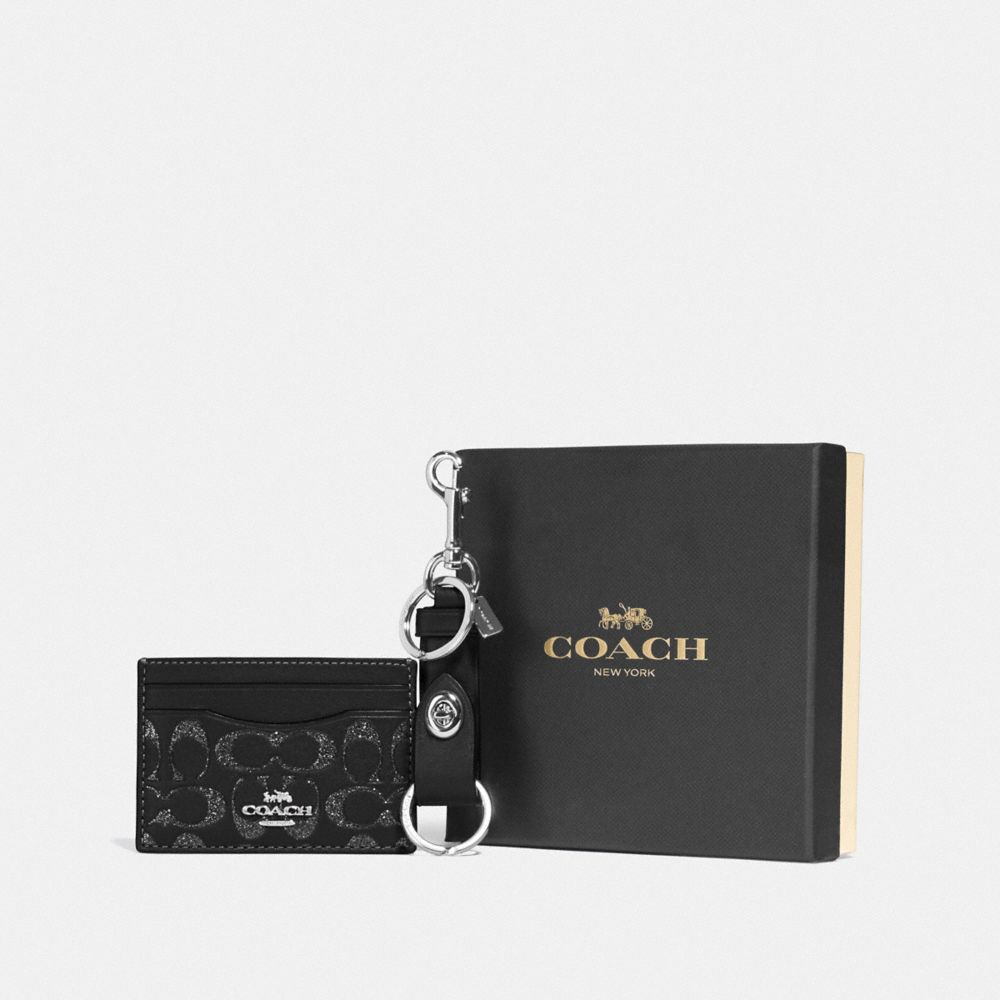 COACH F88494 BOXED CARD CASE AND VALET KEY CHARM GIFT SET IN SIGNATURE LEATHER SV/BLACK