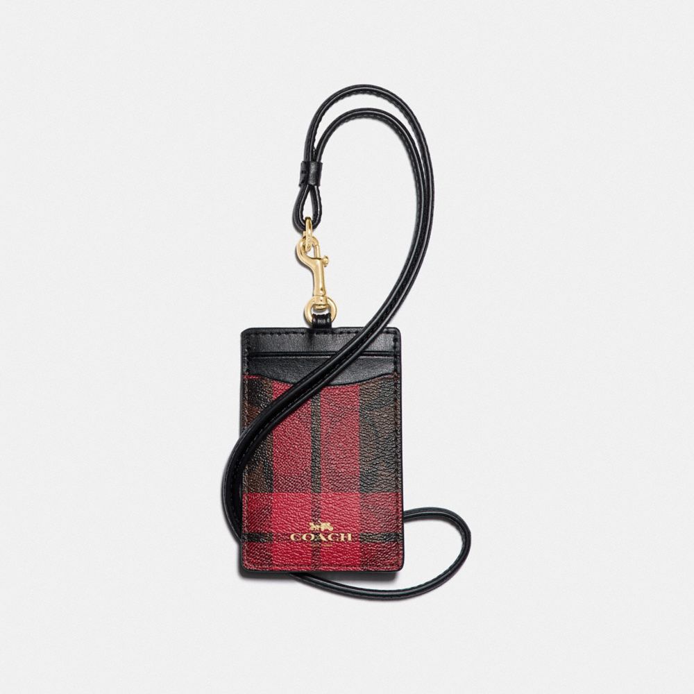 COACH F88495 ID LANYARD IN SIGNATURE CANVAS WITH FIELD PLAID PRINT IM/BROWN TRUE RED MULTI