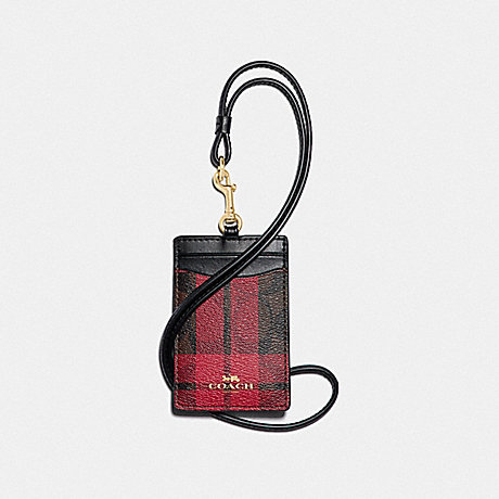 COACH F88495 ID LANYARD IN SIGNATURE CANVAS WITH FIELD PLAID PRINT IM/BROWN-TRUE-RED-MULTI