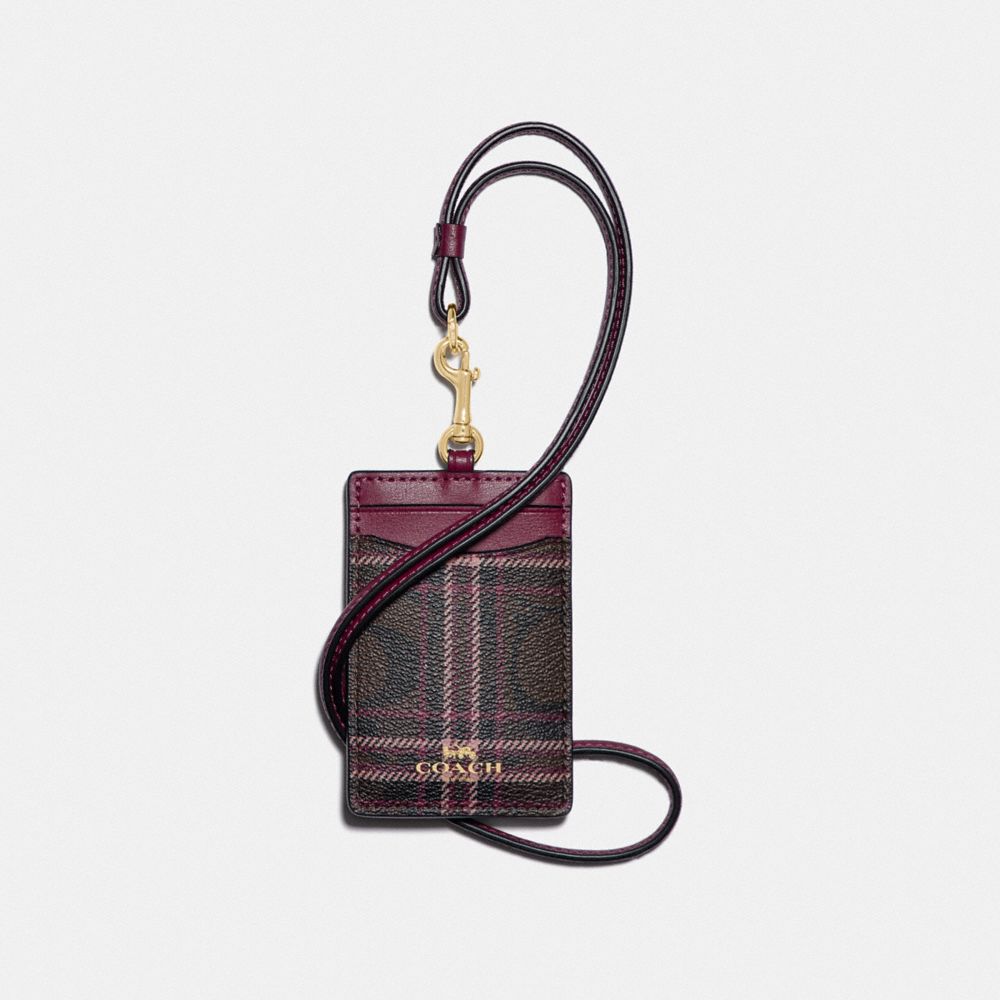 COACH F88496 ID LANYARD IN SIGNATURE CANVAS WITH SHIRTING PLAID PRINT IM/BROWN-FUCHSIA-MULTI