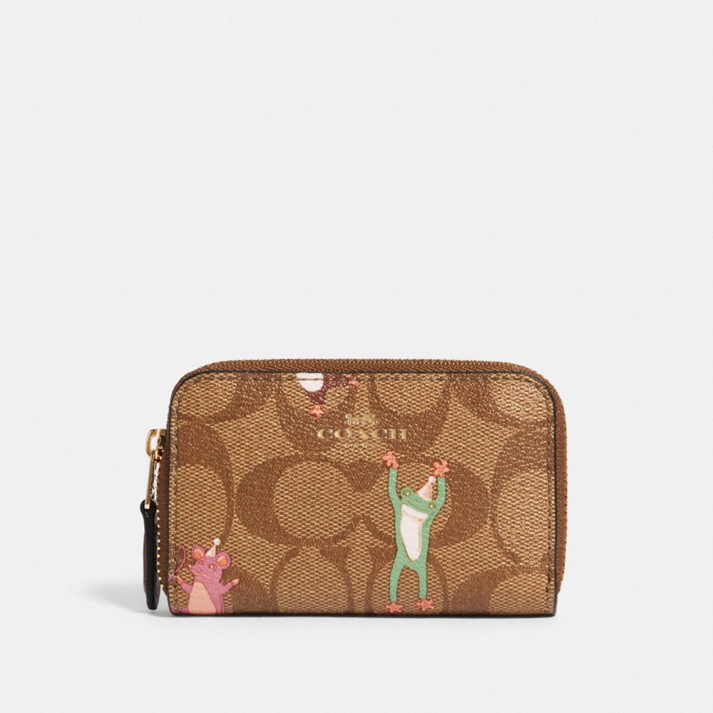 COACH F88575 ZIP AROUND COIN CASE IN SIGNATURE CANVAS WITH PARTY ANIMALS PRINT IM/KHAKI PINK MULTI