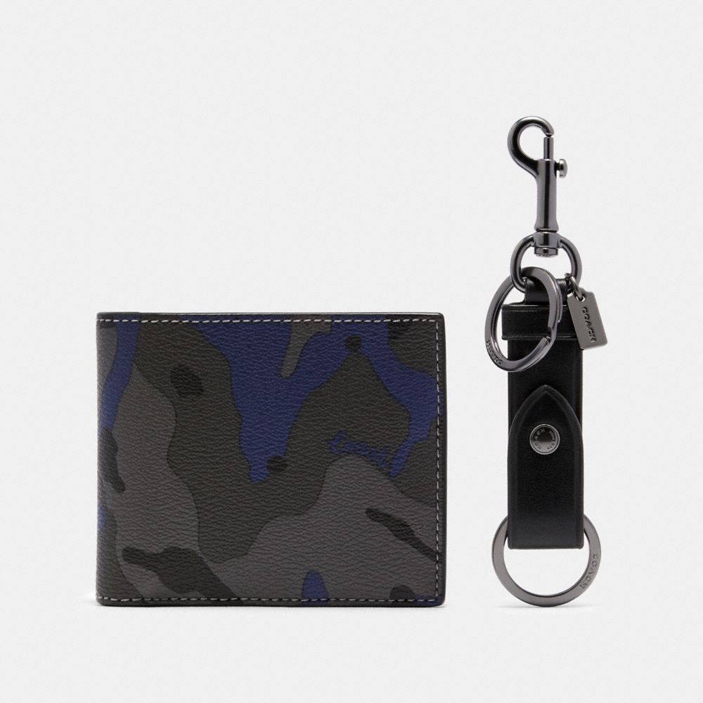COACH BOXED ID BILLFOLD WALLET AND KEY FOB GIFT SET IN SIGNATURE CANVAS WITH CAMO PRINT - BLUE MULTI - F88912