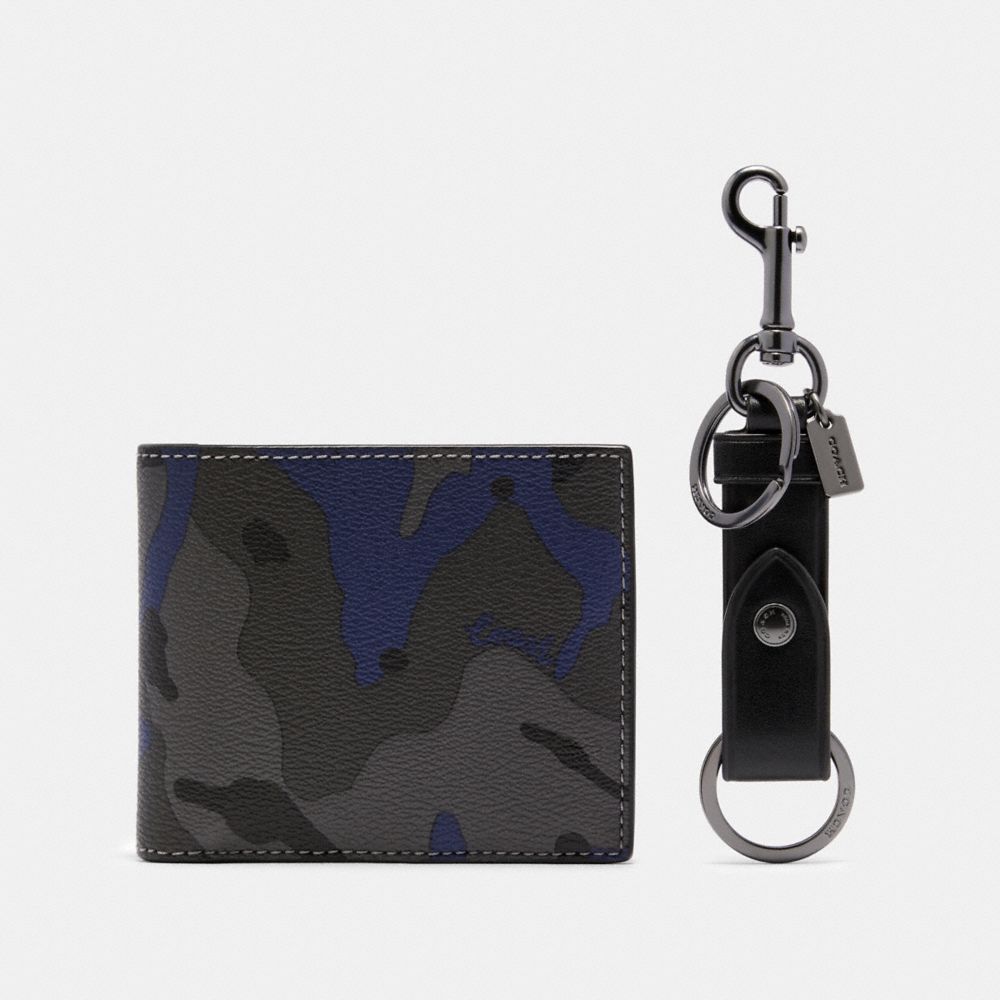 COACH F88912 BOXED ID BILLFOLD WALLET AND KEY FOB GIFT SET IN SIGNATURE CANVAS WITH CAMO PRINT BLUE MULTI