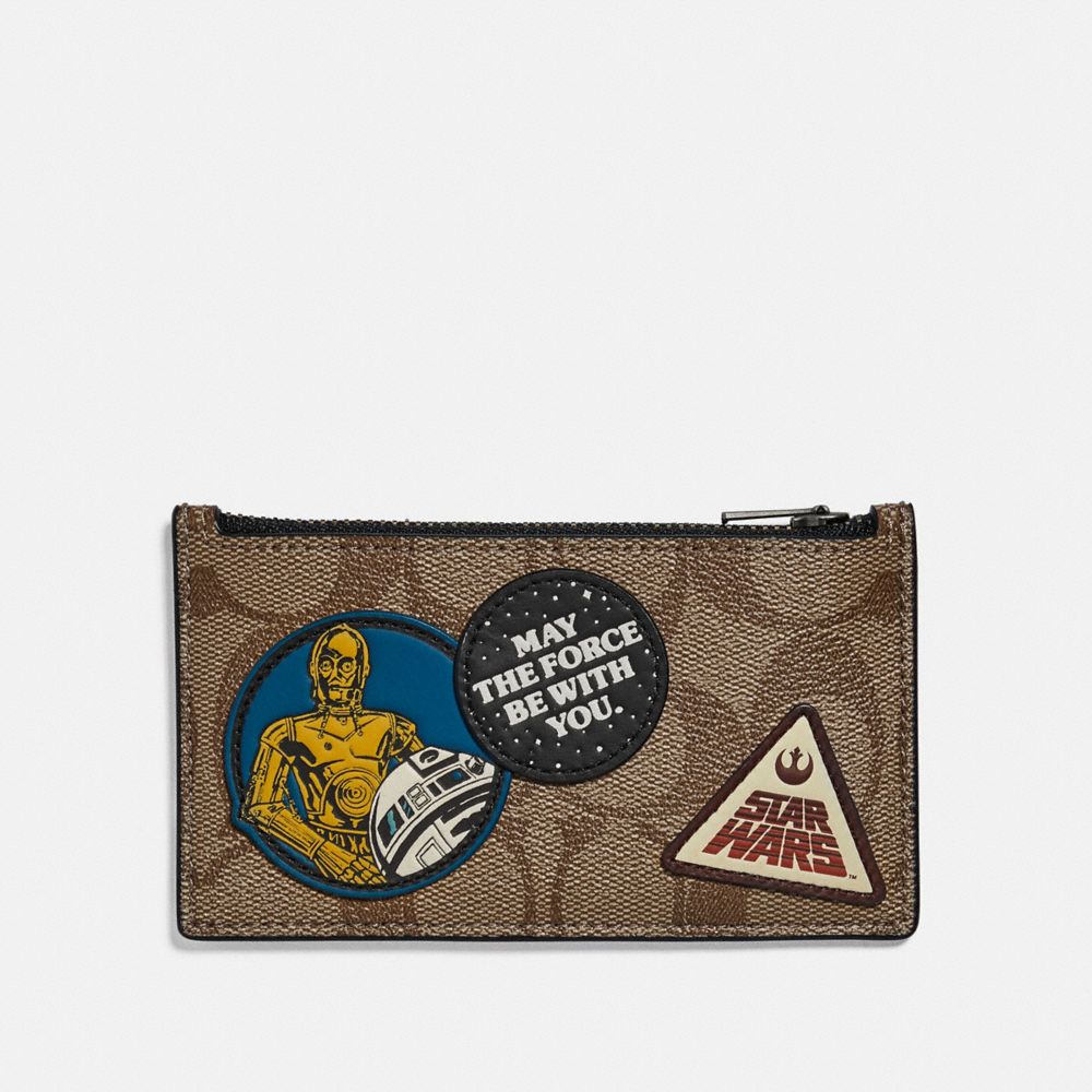 STAR WARS X COACH ZIP CARD CASE IN SIGNATURE CANVAS WITH PATCHES - QB/TAN - COACH F89056