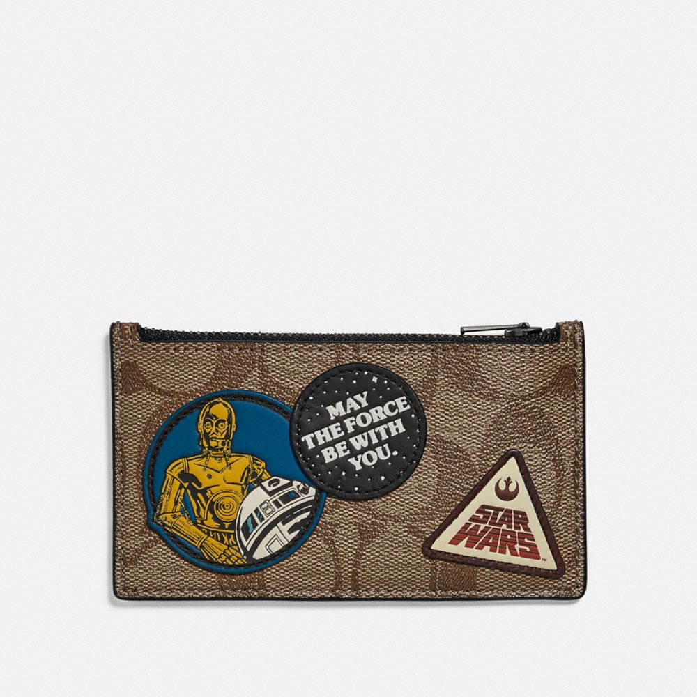 COACH F89056 Star Wars X Coach Zip Card Case In Signature Canvas With Patches QB/TAN