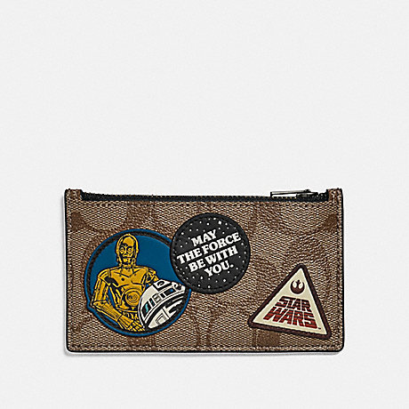 COACH STAR WARS X COACH ZIP CARD CASE IN SIGNATURE CANVAS WITH PATCHES - QB/TAN - F89056