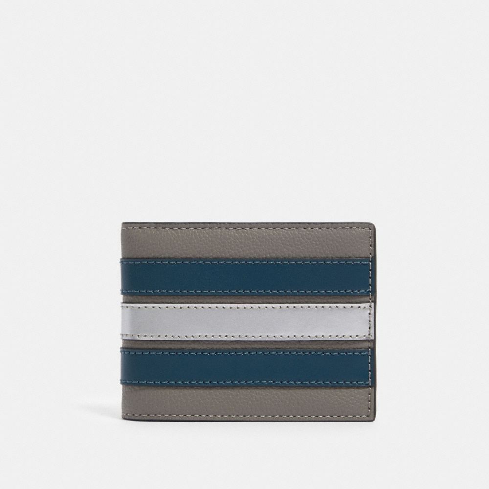 COACH F89060 SLIM BILLFOLD WALLET WITH VARSITY STRIPE QB/HEATHER-GREY/AEGEAN/SILVER